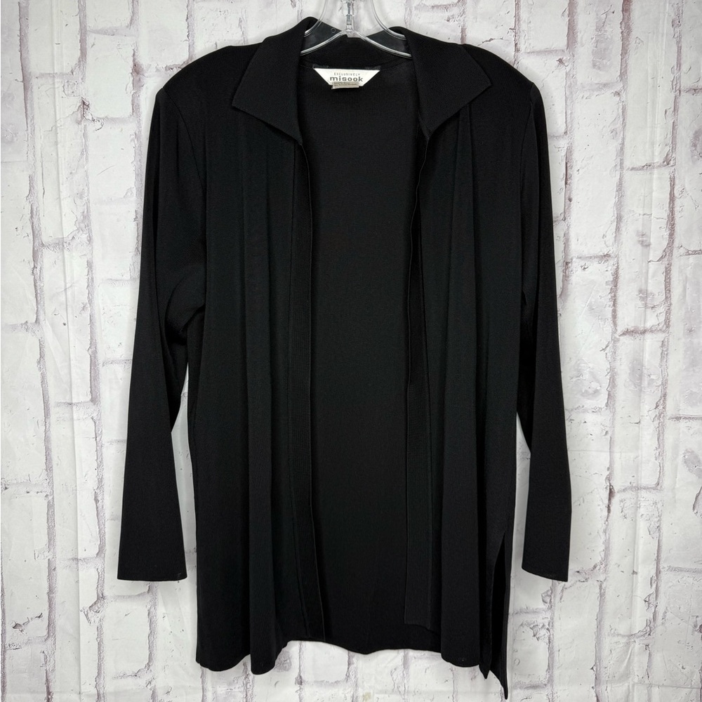 Exclusively Misook Open Front Knit Cardigan Large Black Career Travel Minimalist